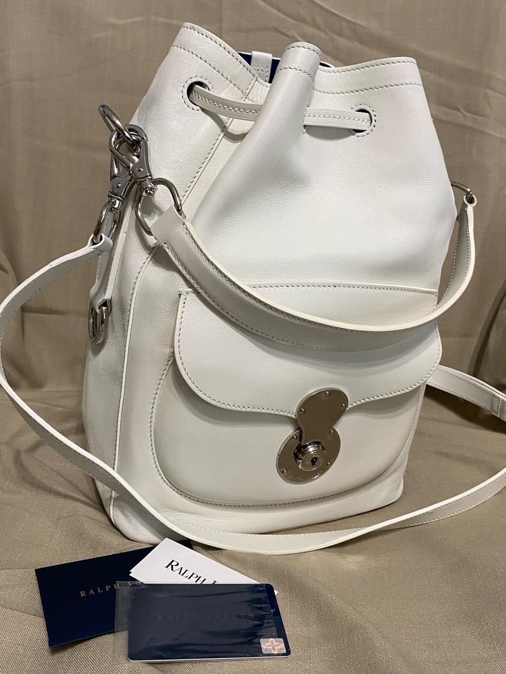 LKNW Ralph Lauren Ricky Large Drawstring Bag Leather White